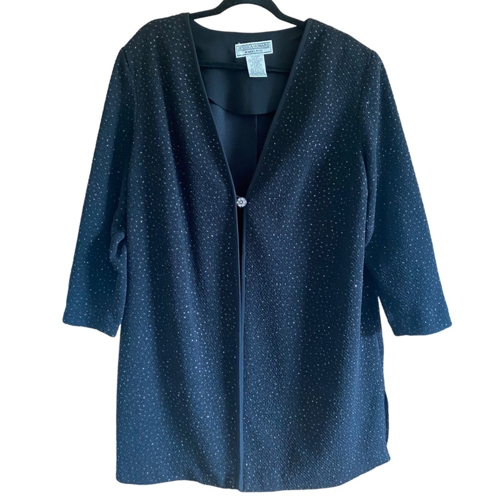 Jessica Howard Petite Plus Black Sparkle Rhinestone Long Blazer Jacket Size 20.